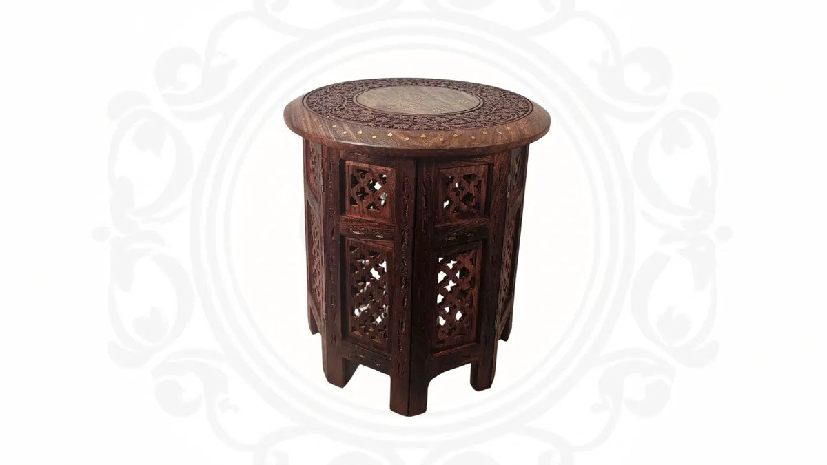 Wooden Hand Carved Brass Inlaid Table With Octagon Legs