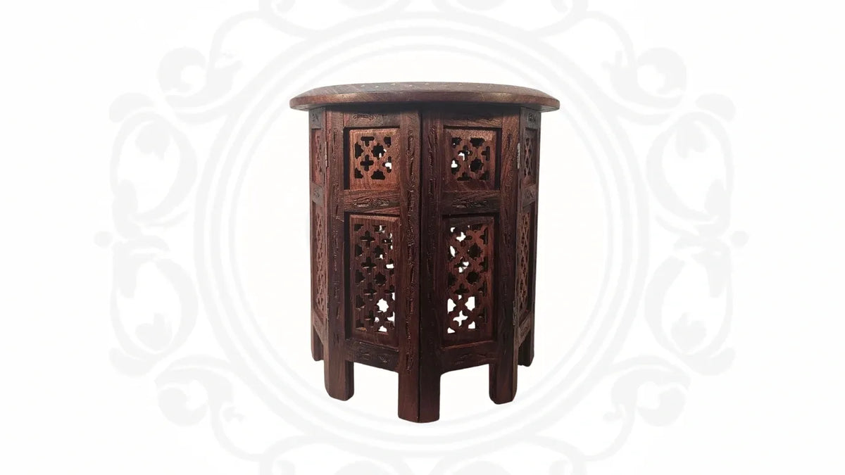Wooden Hand Carved Brass Inlaid Table With Octagon Legs