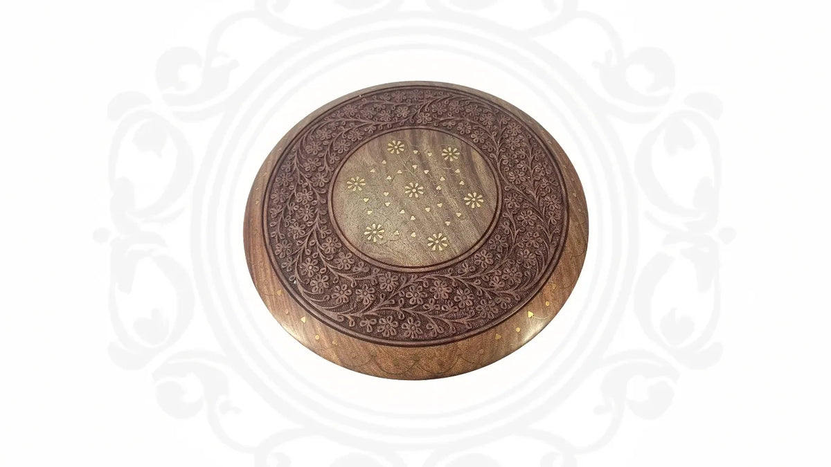 Wooden Hand Carved Brass Inlaid Table With Octagon Legs