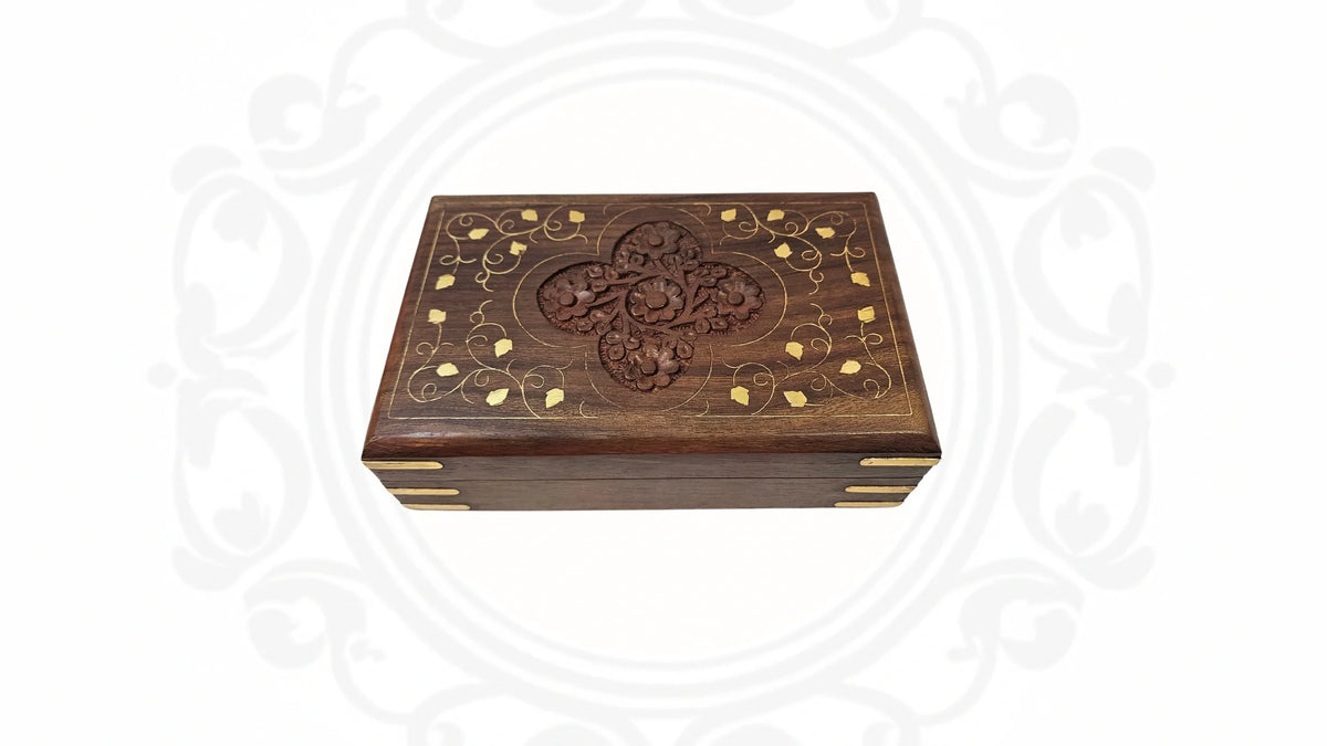 Wooden Hand Carved and Brass Inlaid Jewellery box