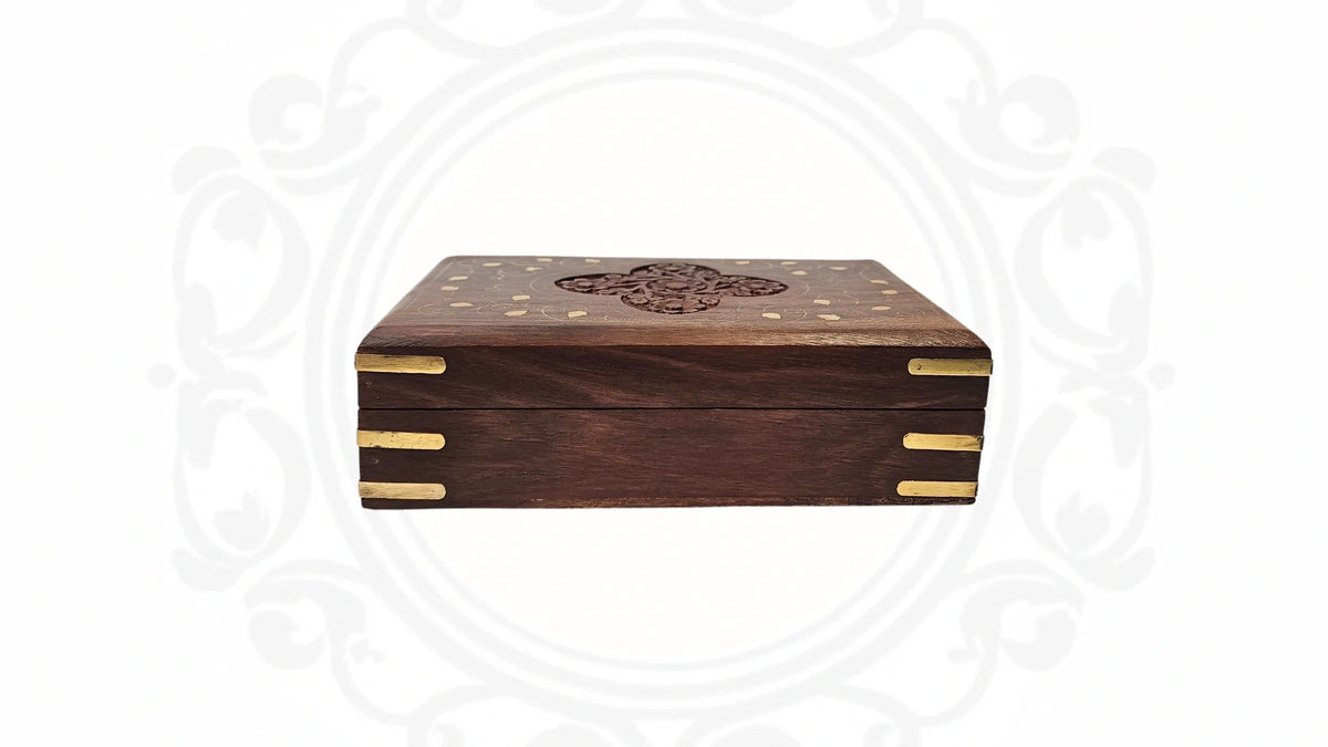 Wooden Hand Carved and Brass Inlaid Jewellery box