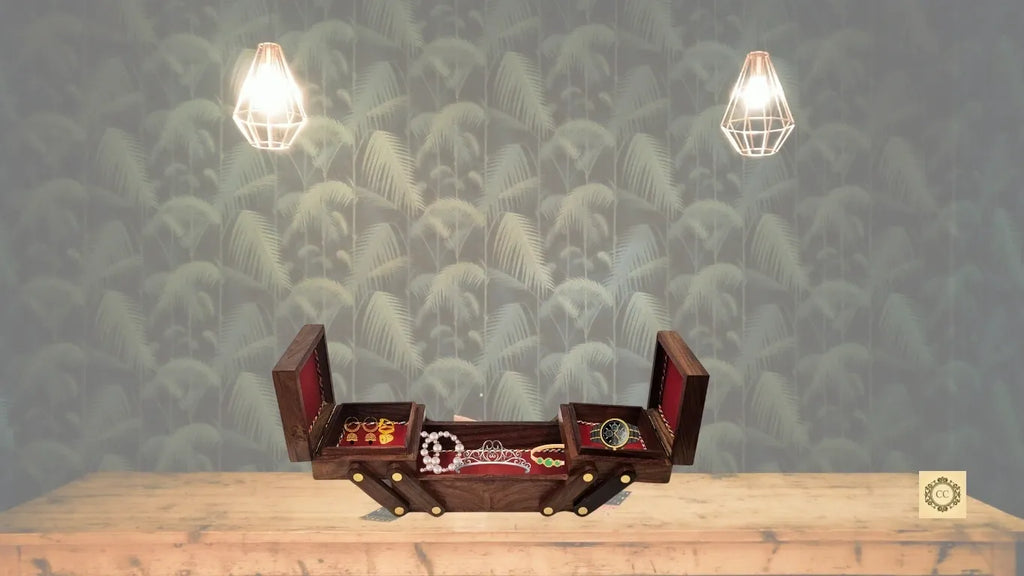 Solid Wood Brass Inlaid Folding Jewelry Box With Velvet Inside