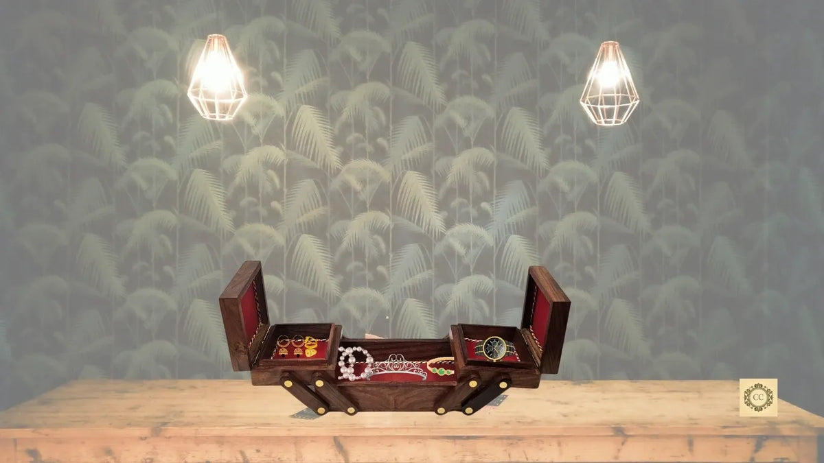 Solid Wood Brass Inlaid Folding Jewelry Box With Velvet Inside