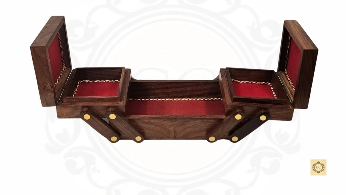 Solid Wood Brass Inlaid Folding Jewelry Box With Velvet Inside