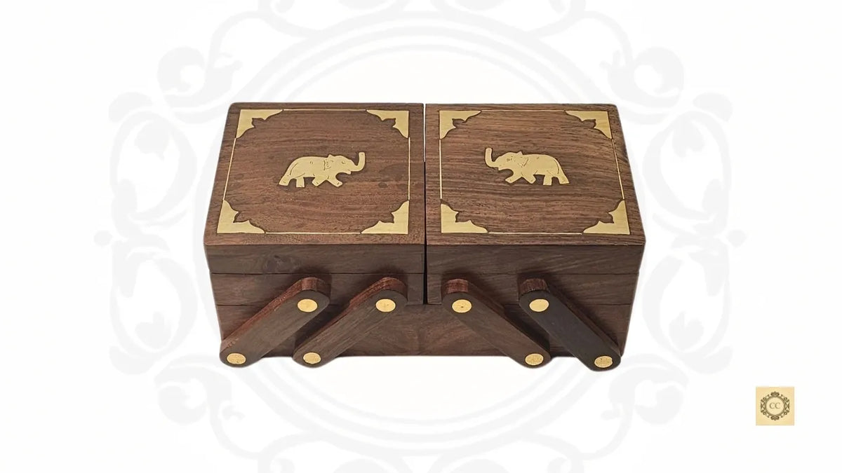 Solid Wood Brass Inlaid Folding Jewelry Box With Velvet Inside