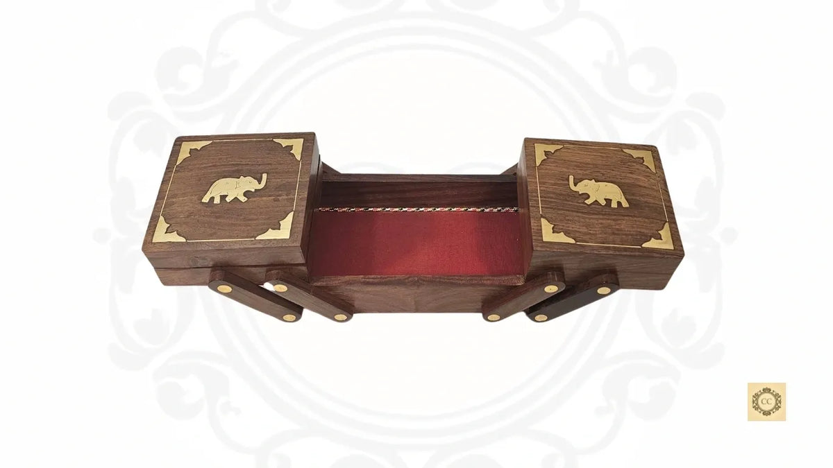 Solid Wood Brass Inlaid Folding Jewelry Box With Velvet Inside