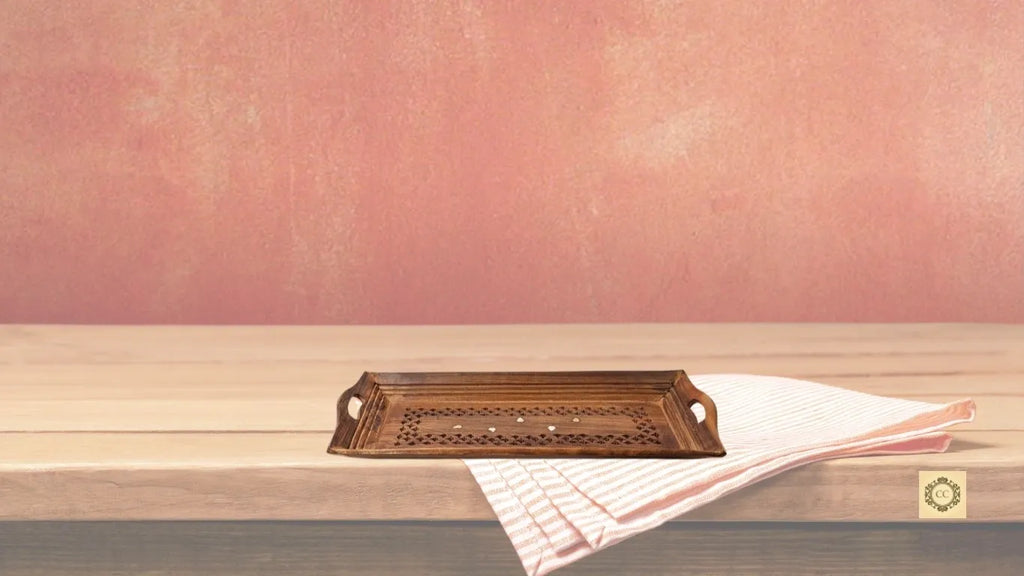 Wooden Hand-carved Brass Inlaid Tray