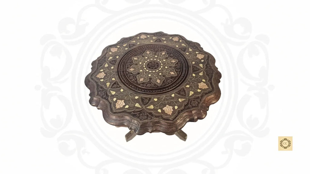Solid Wood Hand-carved Brass Inlaid Three Leg Folding Table
