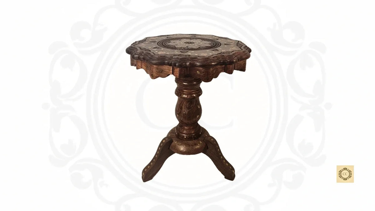 Solid Wood Hand-carved Brass Inlaid Three Leg Folding Table